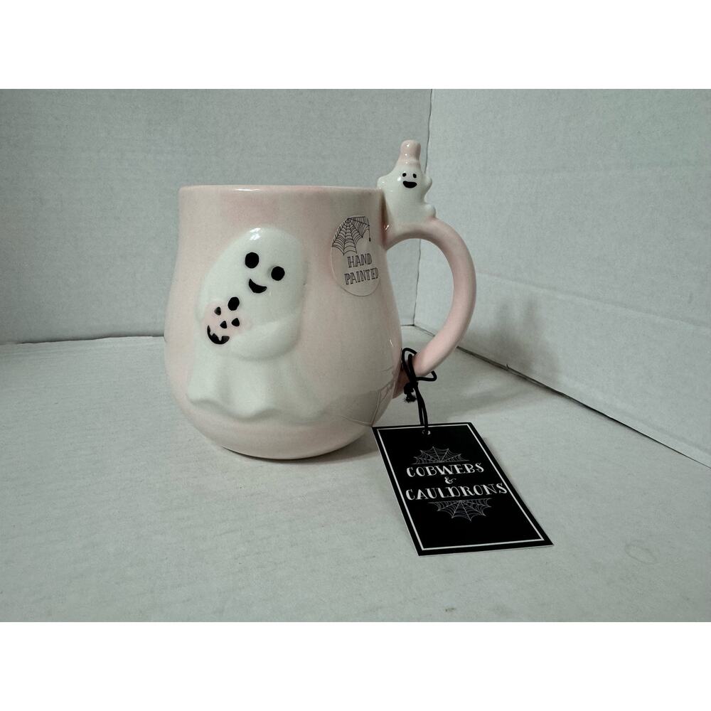 Cobwebs and Cauldrons Hand Painted Ghost Coffee Mug Pink Halloween